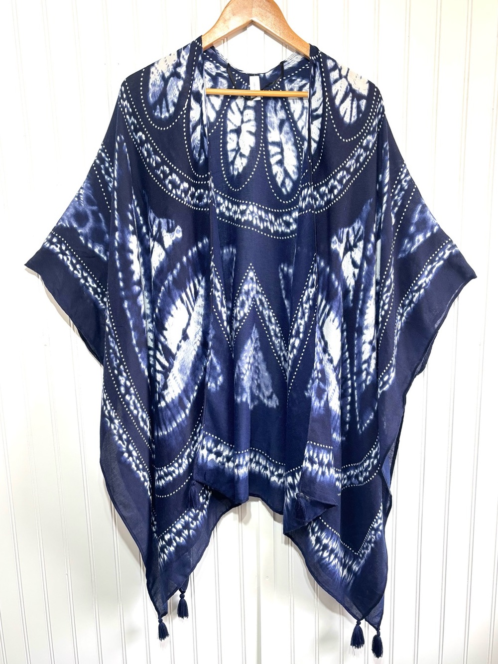 Ava & Aiden Navy Tie Dye Tassel Boho Kimono Cover Up One Size